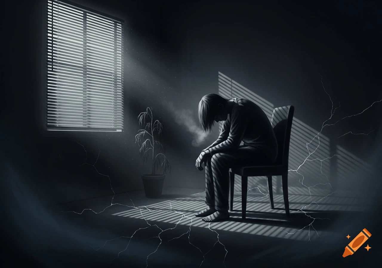 Monochromatic illustration of a sad person sitting in a dark room with window light stripes and cracked floor.