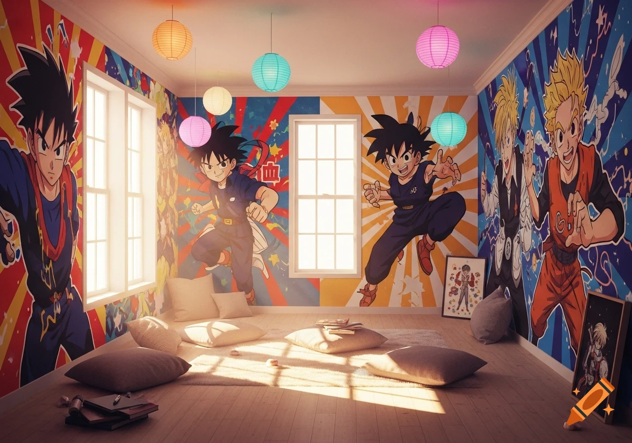 A colorful room decorated with anime and cartoon murals of characters in dynamic poses, with paper lanterns and pillows.