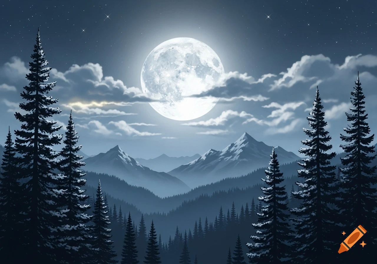 A vivid night landscape featuring a bright full moon illuminating snow ...