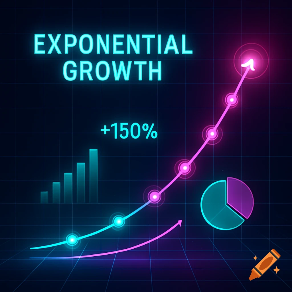 Neon infographic displaying 'EXPONENTIAL GROWTH' with an upward-trending line graph, a bar chart, and a pie chart on a grid background.