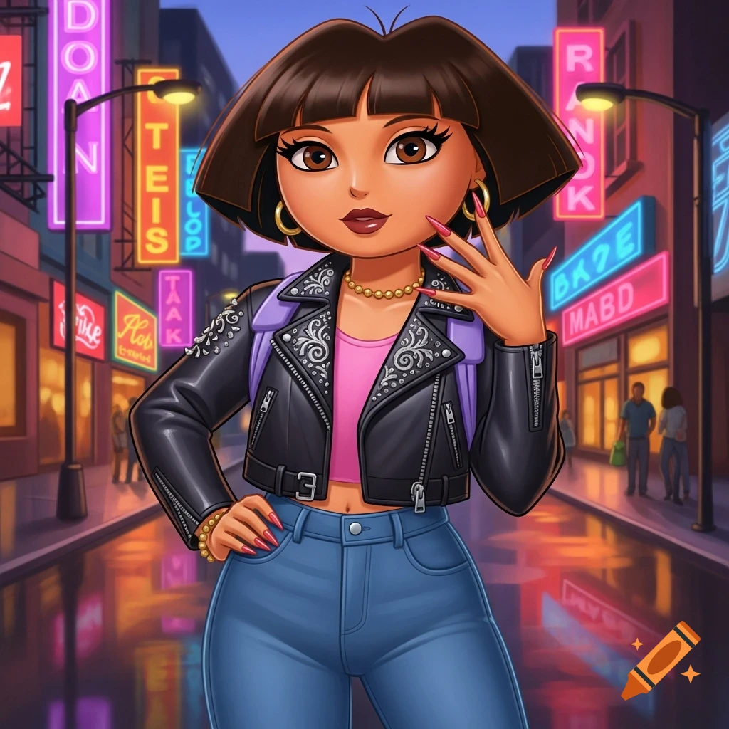 Stylized Dora the Explorer in a black leather jacket, pink crop top, and jeans, posing on a rainy city street at night with neon signs.