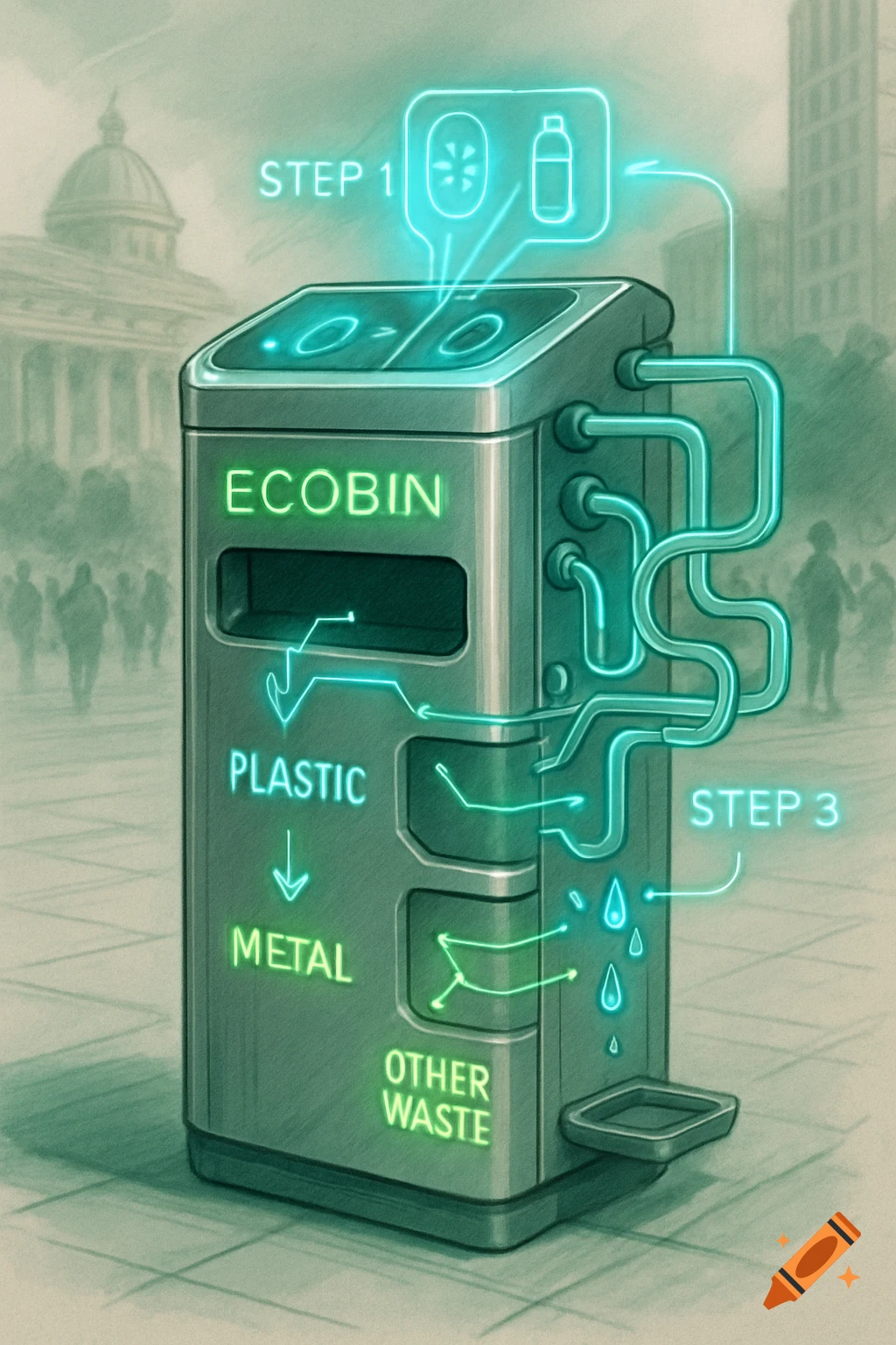 A futuristic smart recycling bin named "ECOBIN" with glowing blue and green text indicating "STEP 1," "STEP 3," and sections for "PLASTIC," "METAL," and "OTHER WASTE." The background is a blurred cityscape.