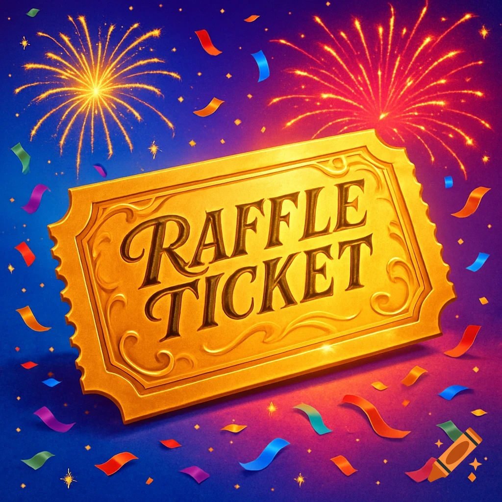 A golden raffle ticket with 'RAFFLE TICKET' text, surrounded by colorful confetti and bright fireworks against a blue and purple background.