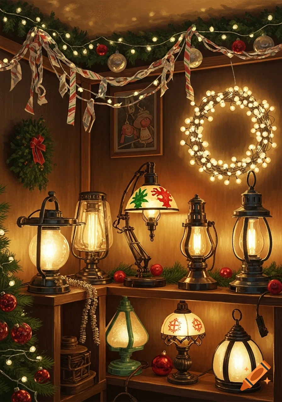A warm, cozy scene with a collection of vintage-style lamps and festive Christmas decorations, including string lights, garlands, and ornaments.