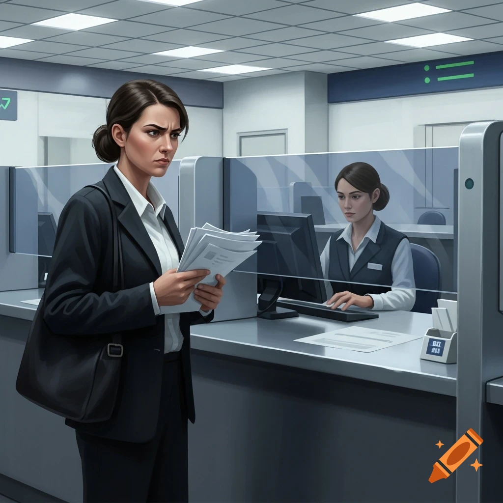 A frustrated woman in a suit stands holding papers at a bank counter, with an employee working on a computer behind a screen. Photorealistic style.