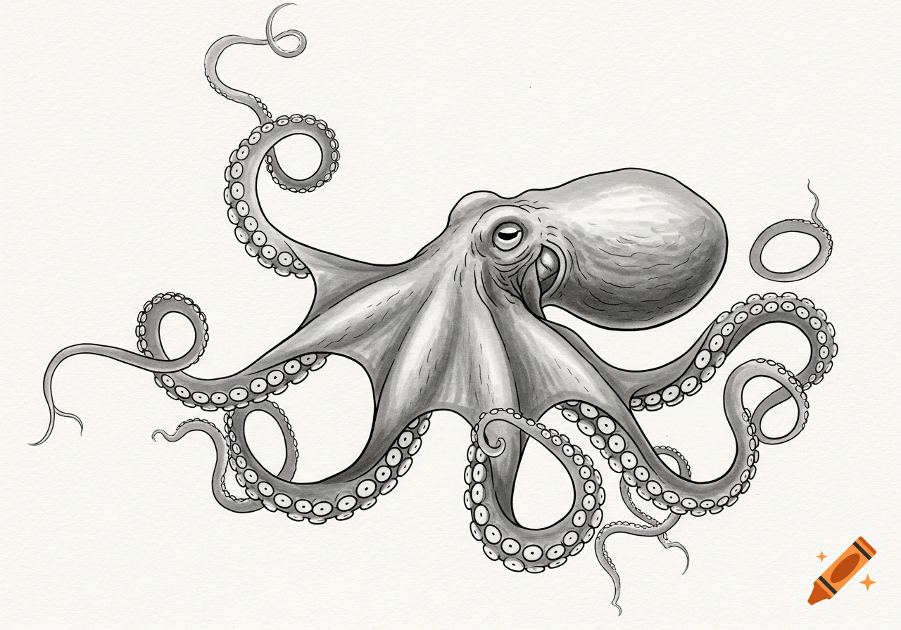 A grayscale illustration of an octopus in a traditional Japanese sumi-e ink drawing style with minimalist brushstrokes and a subtle paper texture.