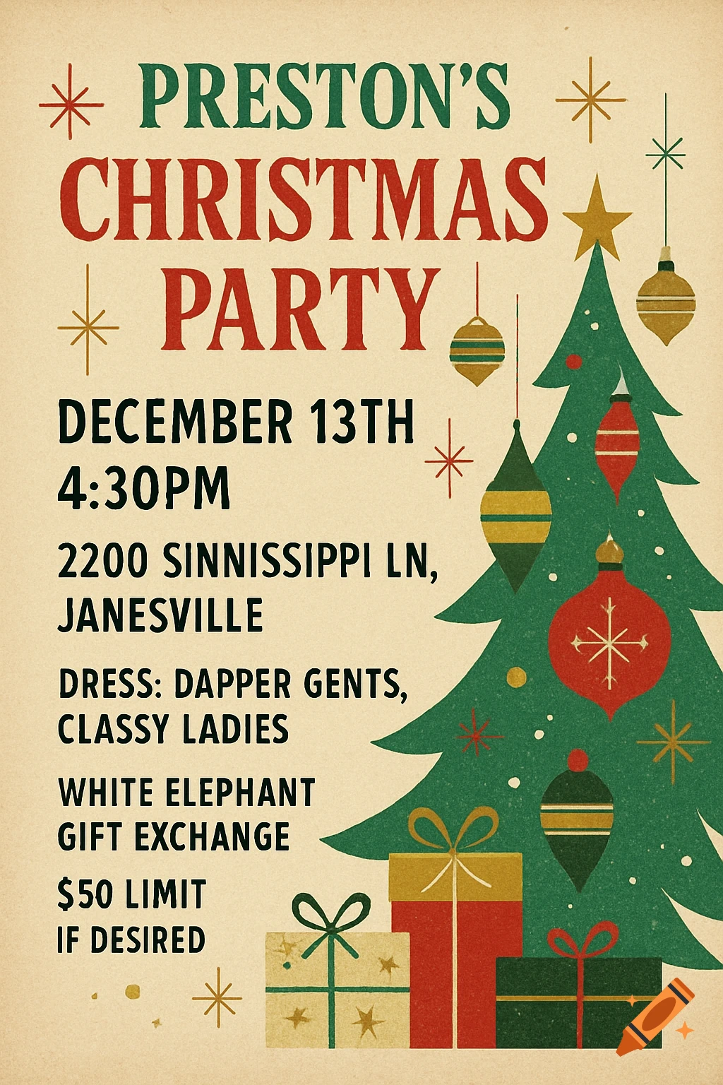 A retro-style Christmas party invitation with a green tree, ornaments, gifts, and event details on a cream background.