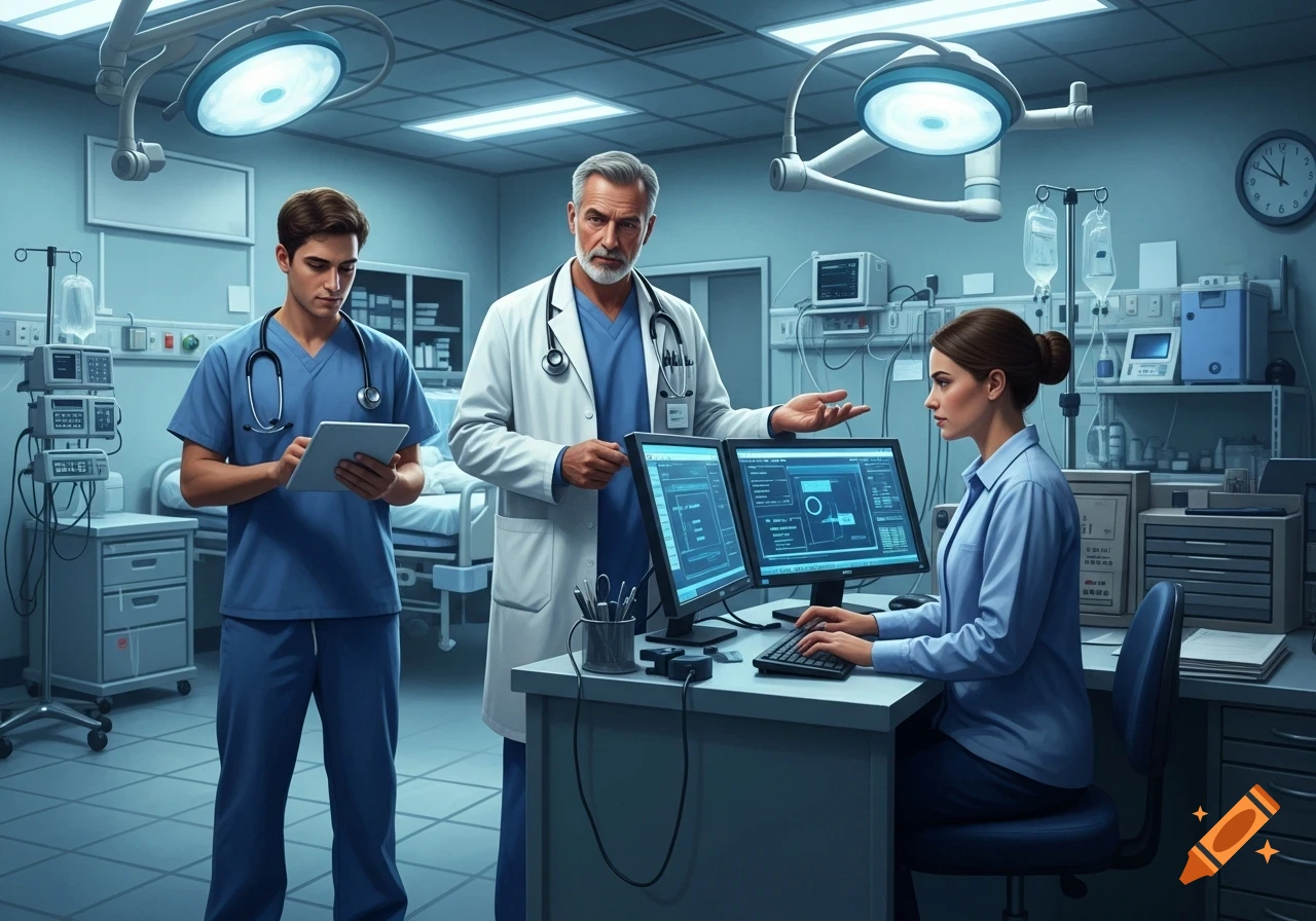 Three medical professionals, a male doctor, a male intern with a tablet, and a female at a computer, work in a busy hospital room filled with medical equipment.