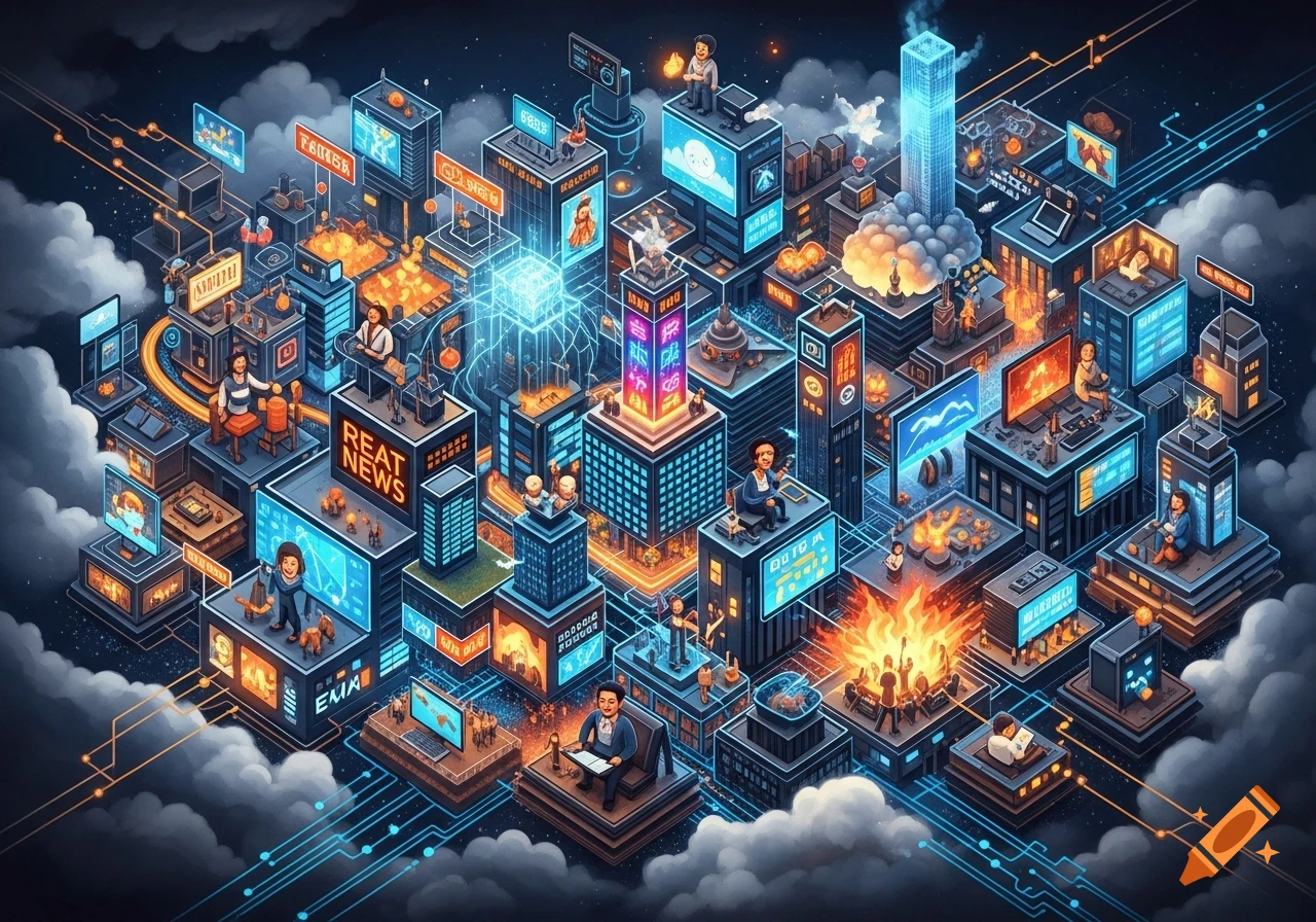 An isometric digital cityscape of interconnected buildings, screens, and glowing circuits on clouds, representing global current events and information.