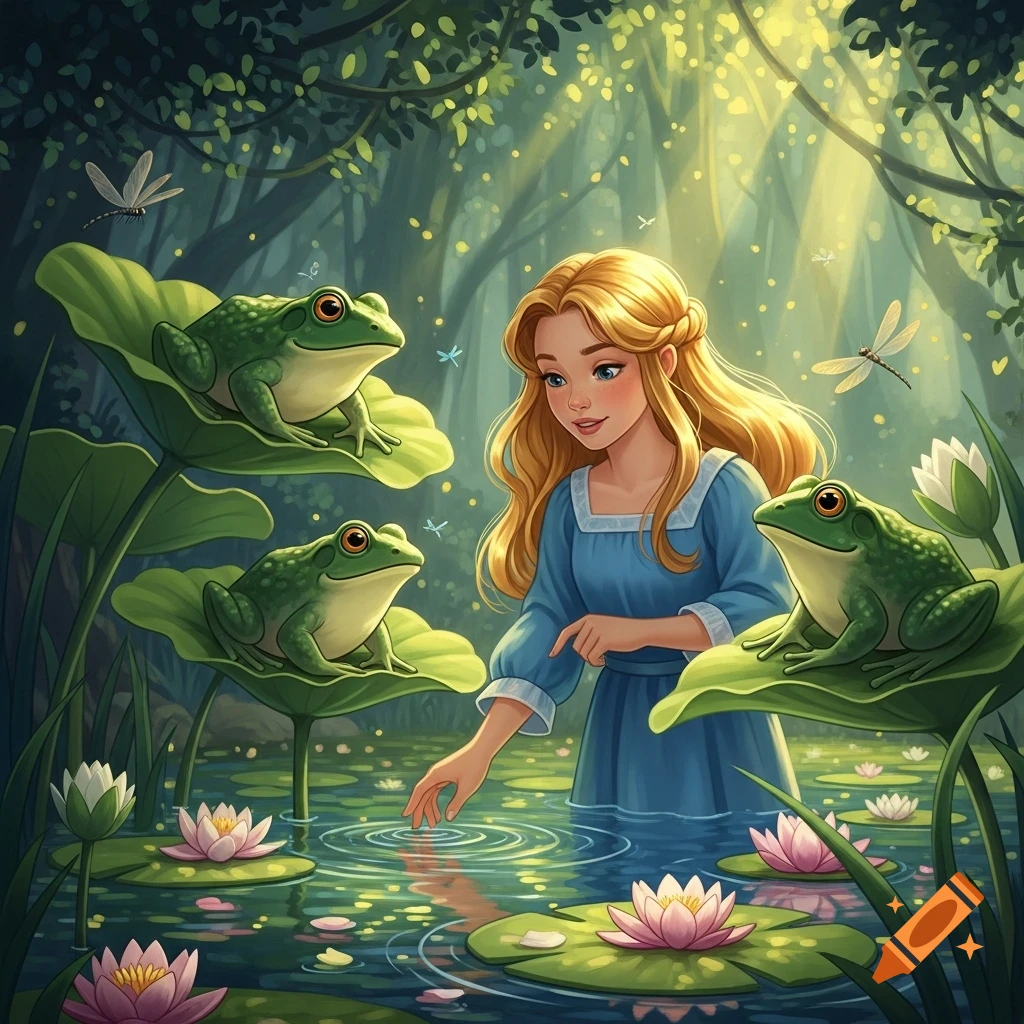 A blonde girl in a blue dress stands in a pond, touching the water, surrounded by three large green frogs on lily pads in a magical forest. Dragonflies fly overhead.