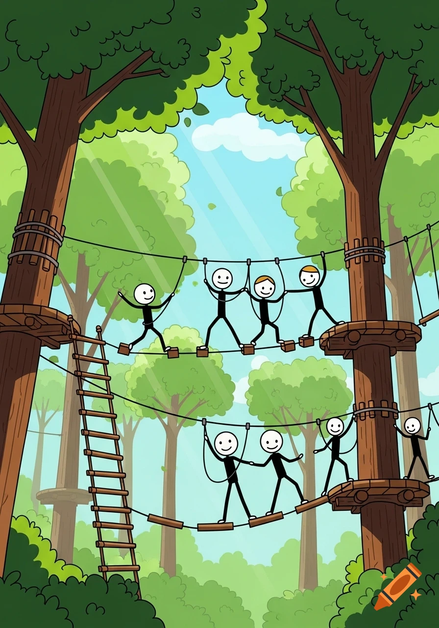 Stick figures navigating a high ropes course between tall trees in a vibrant cartoon forest under a blue sky.