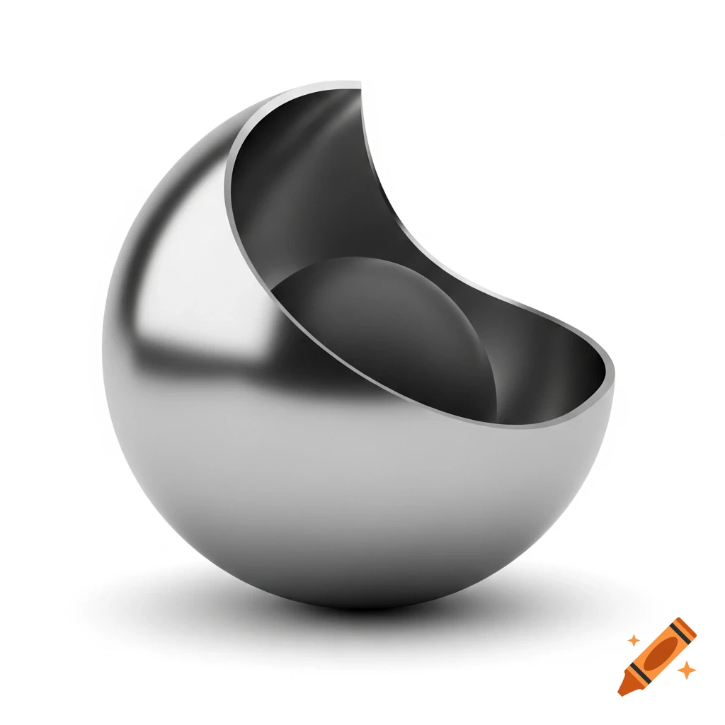 A shiny silver metallic sphere with a large section cut away, revealing a dark gray inner sphere, on a white background.