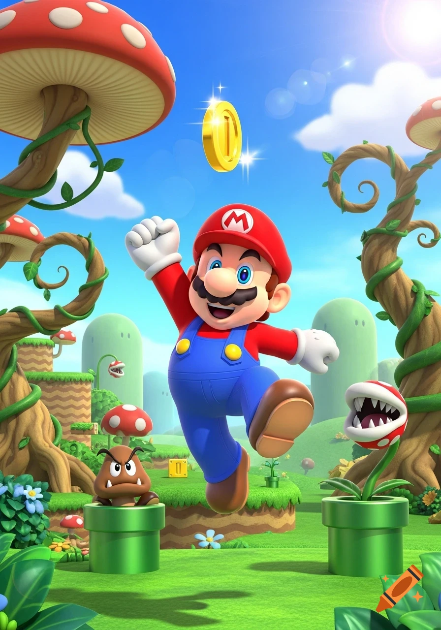 Super Mario jumps for a coin in a vibrant, cartoonish mushroom kingdom level with a Goomba and Piranha Plant.