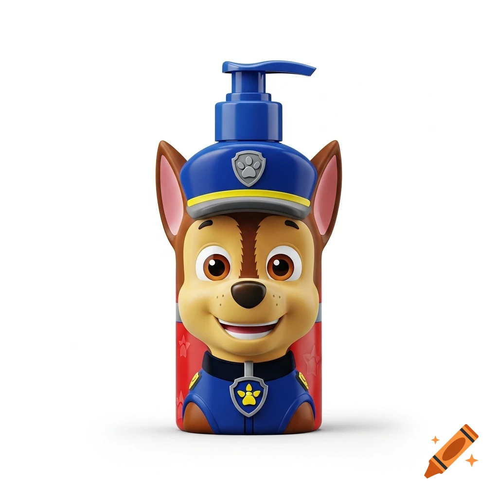 Shampoo bottle shaped like the Paw Patrol character Chase in a police uniform, against a white background.