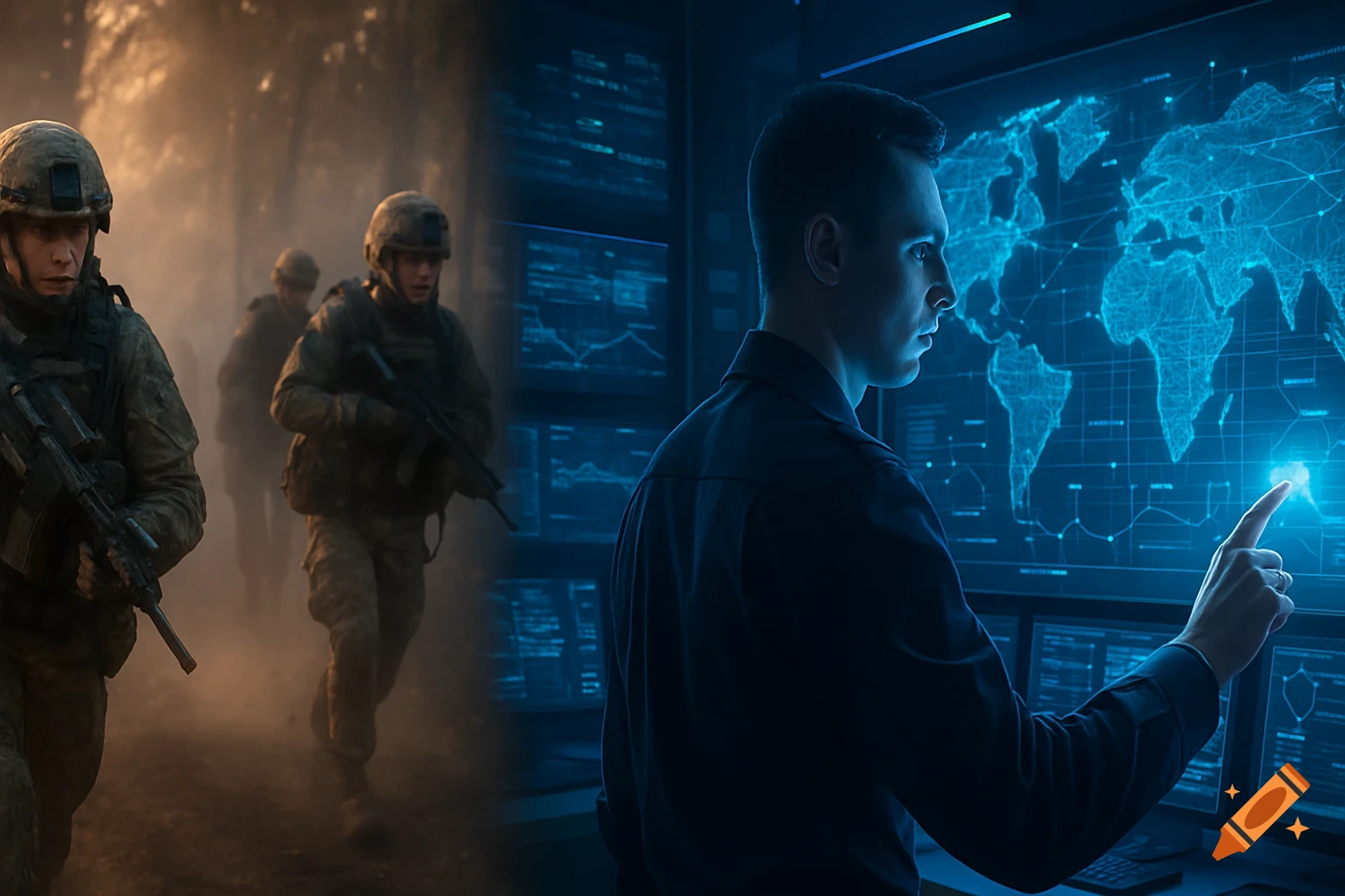 Split image showing soldiers in tactical gear in a smoky forest on the left, and a man interacting with a holographic world map and data screens on the right.