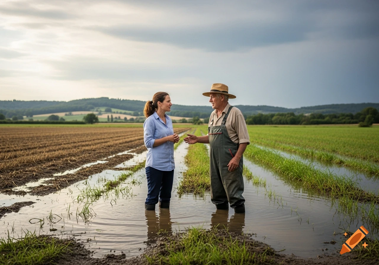 A woman and an older farmer talk in a flooded agricultural field under a cloudy sky.