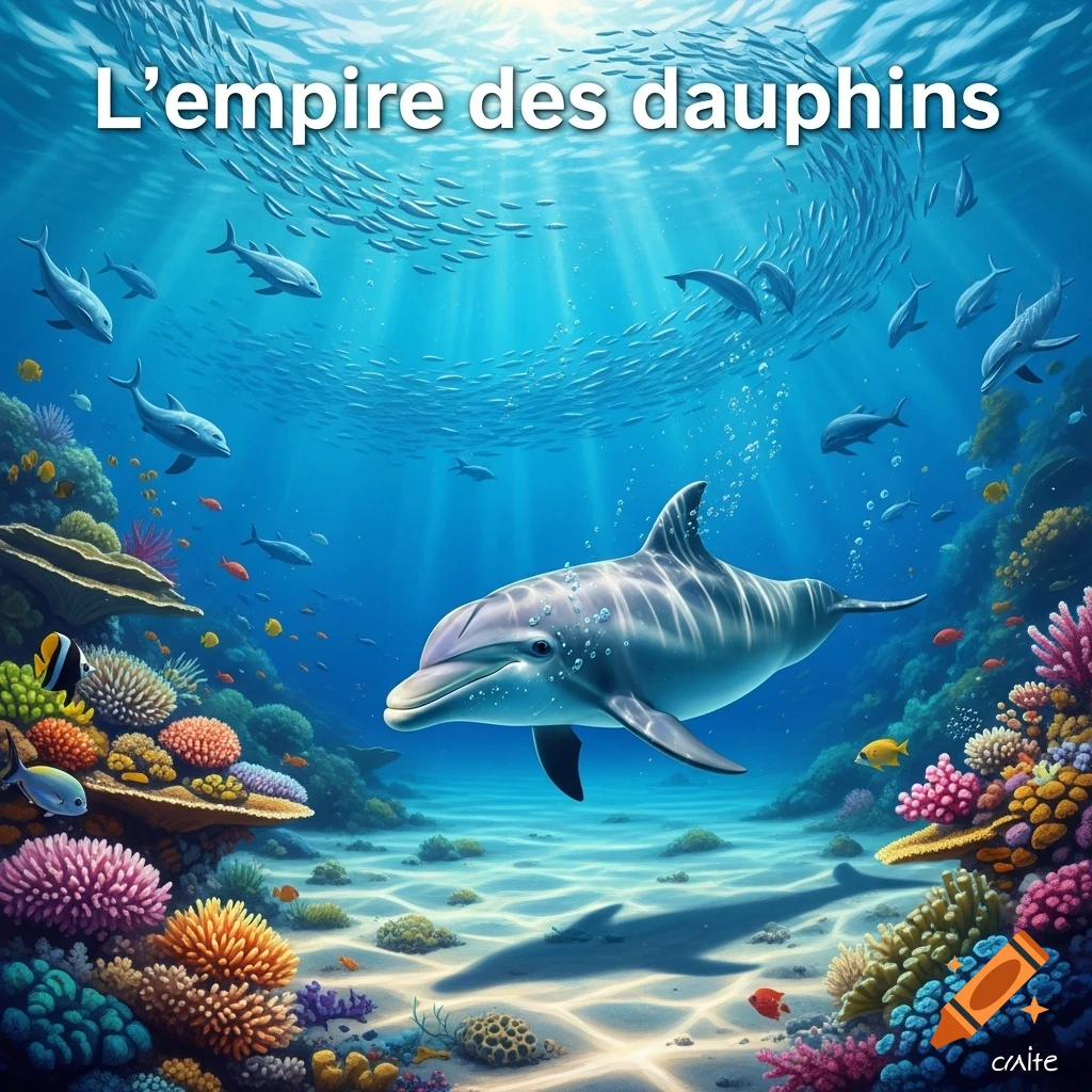 A vibrant underwater scene with a smiling dolphin swimming near colorful coral reefs and schools of fish. Text: L'empire des dauphins.