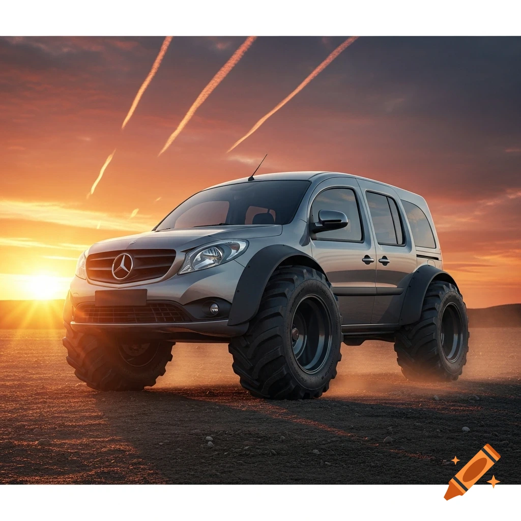 A silver Mercedes Citan van with large tractor tires is parked on a dirt road, with a dramatic orange sunset in the background.