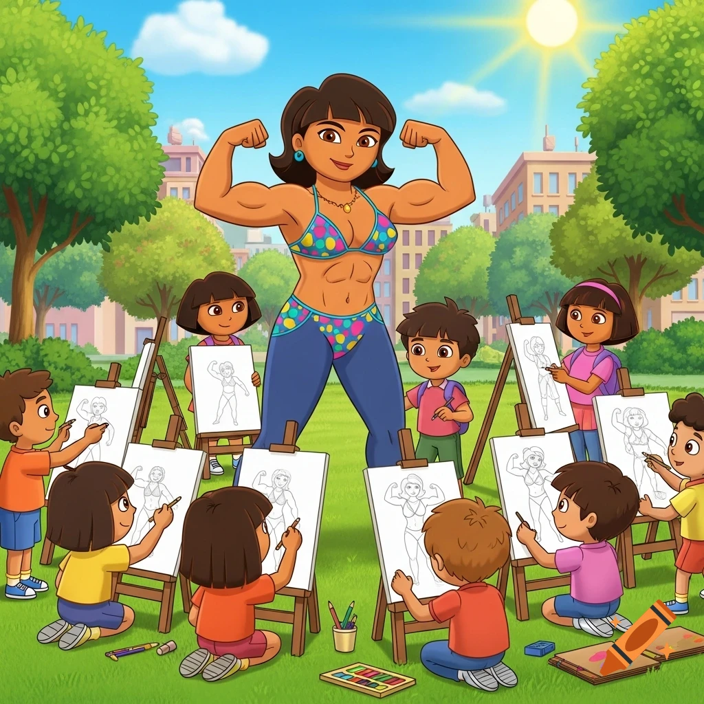 A muscular, bikini-clad Dora-like character flexes while several children draw her in a sunny park setting, cartoon style.