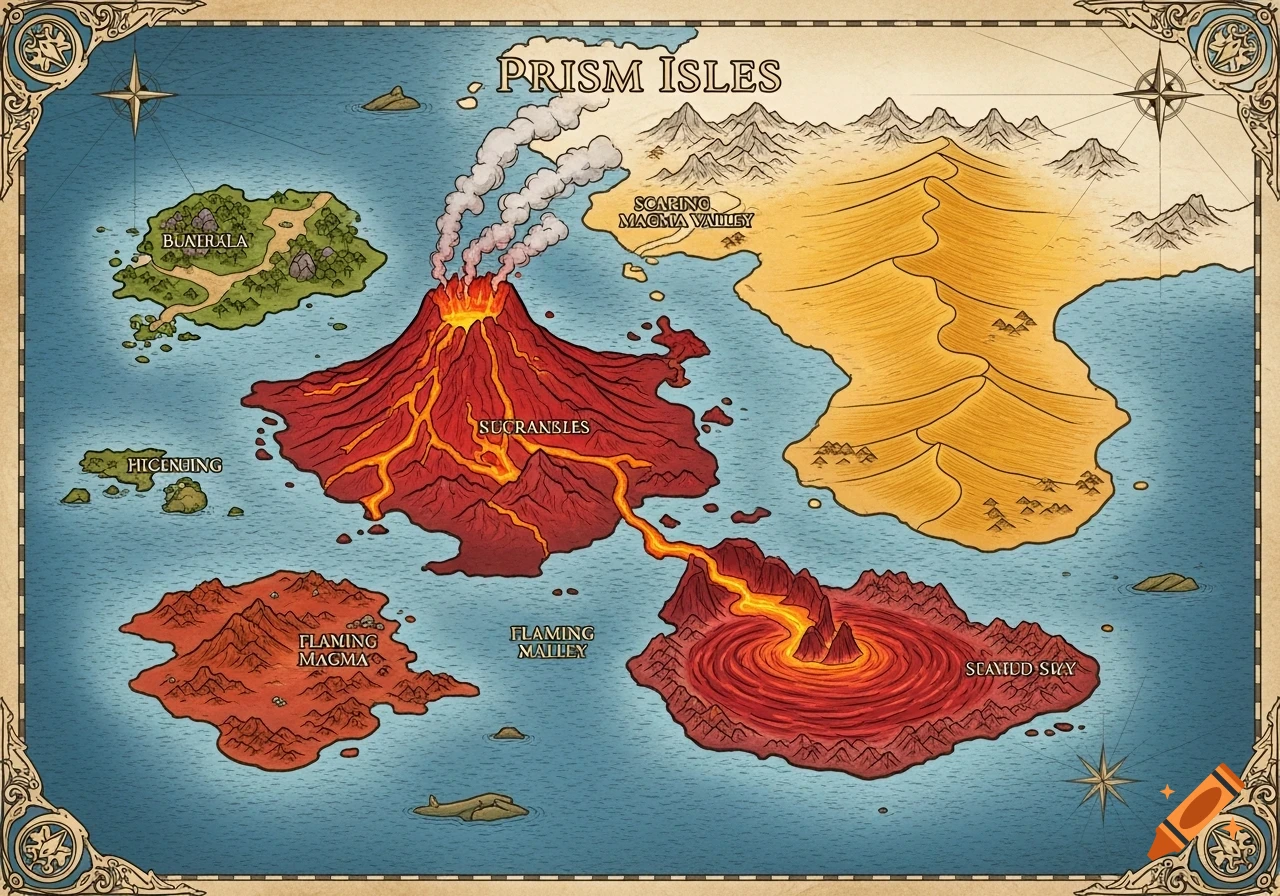 A hand-drawn fantasy map of the Prism Isles, featuring a large red volcanic island erupting, a golden desert landmass, a flaming magma island, and various smaller islands surrounded by blue ocean, all within an ornate border.