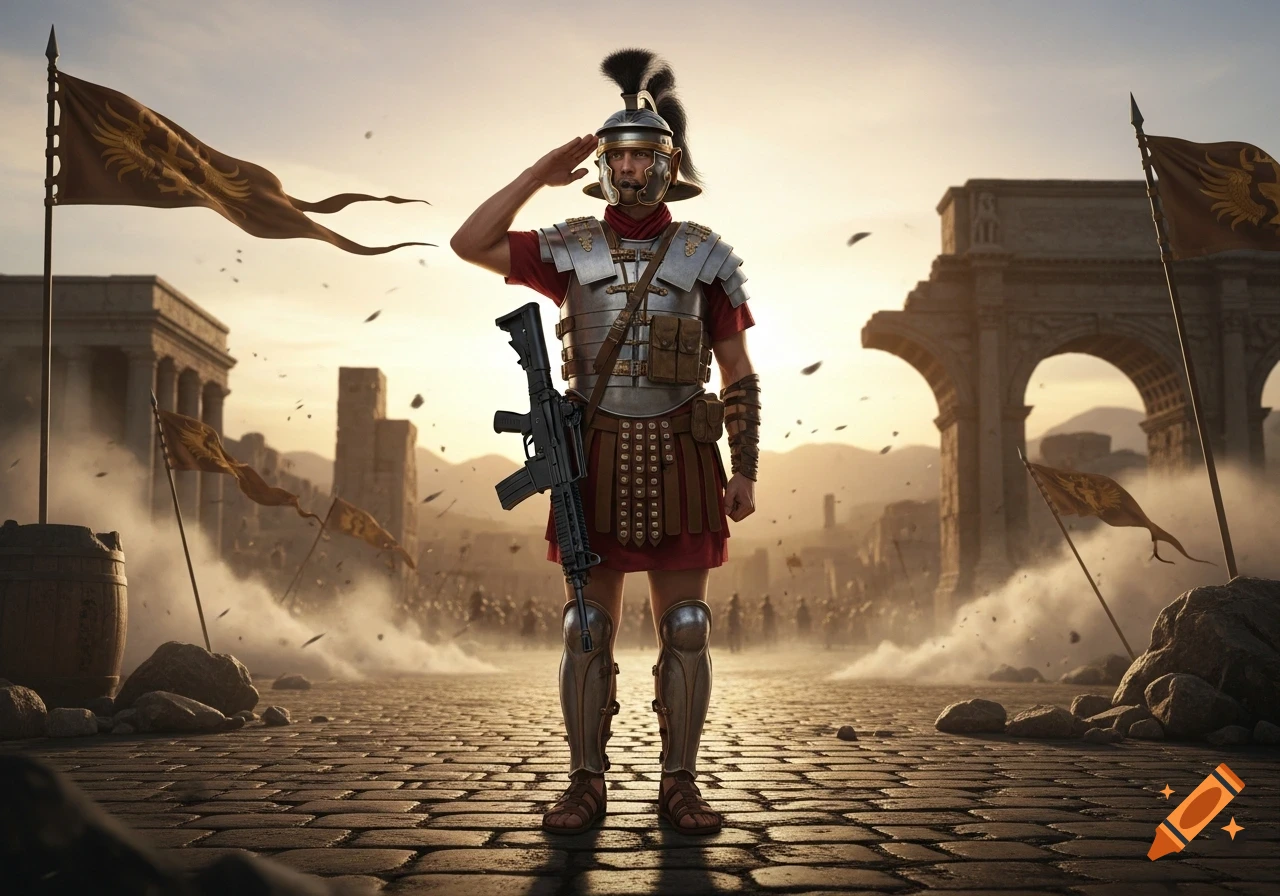 A Roman soldier in full armor salutes while holding a modern assault rifle on a cobblestone street, with ancient ruins and flags in the dusty background.