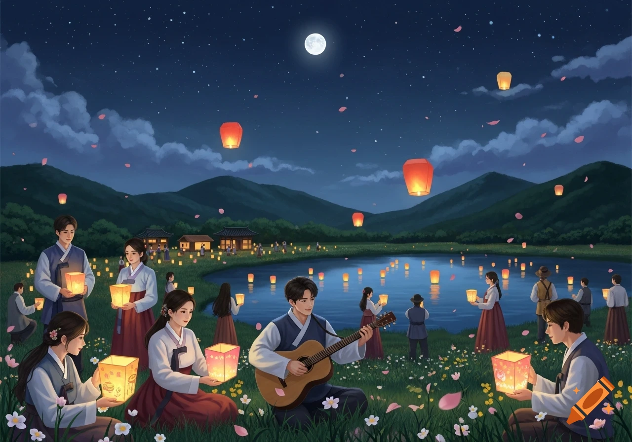 An illustration of a Korean night festival with people in traditional clothing holding lanterns by a lake, under a full moon and starry sky.