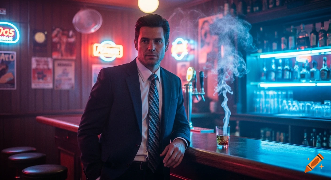 A confident man in a dark suit and tie stands at a neon-lit bar, leaning on the counter with a drink and smoke, photorealistic.