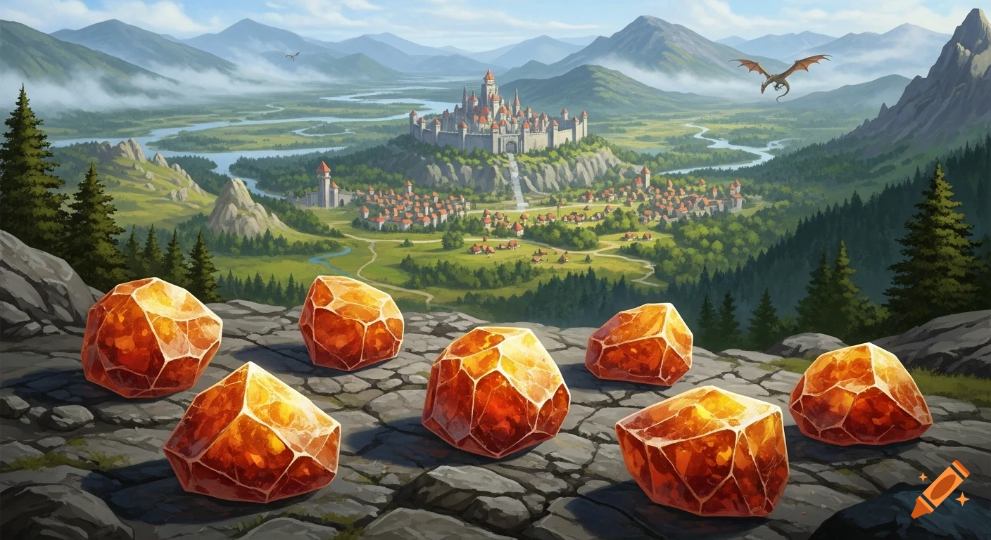 Seven glowing amber crystals rest on rocky ground overlooking a sprawling fantasy kingdom with a castle, river, mountains, and a flying dragon.