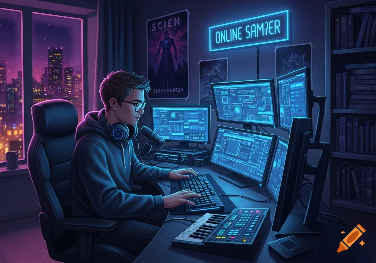 A stylized digital art image of a young man wearing glasses and headphones, sitting at a glowing multi-monitor computer setup in a neon-lit room overlooking a cityscape.