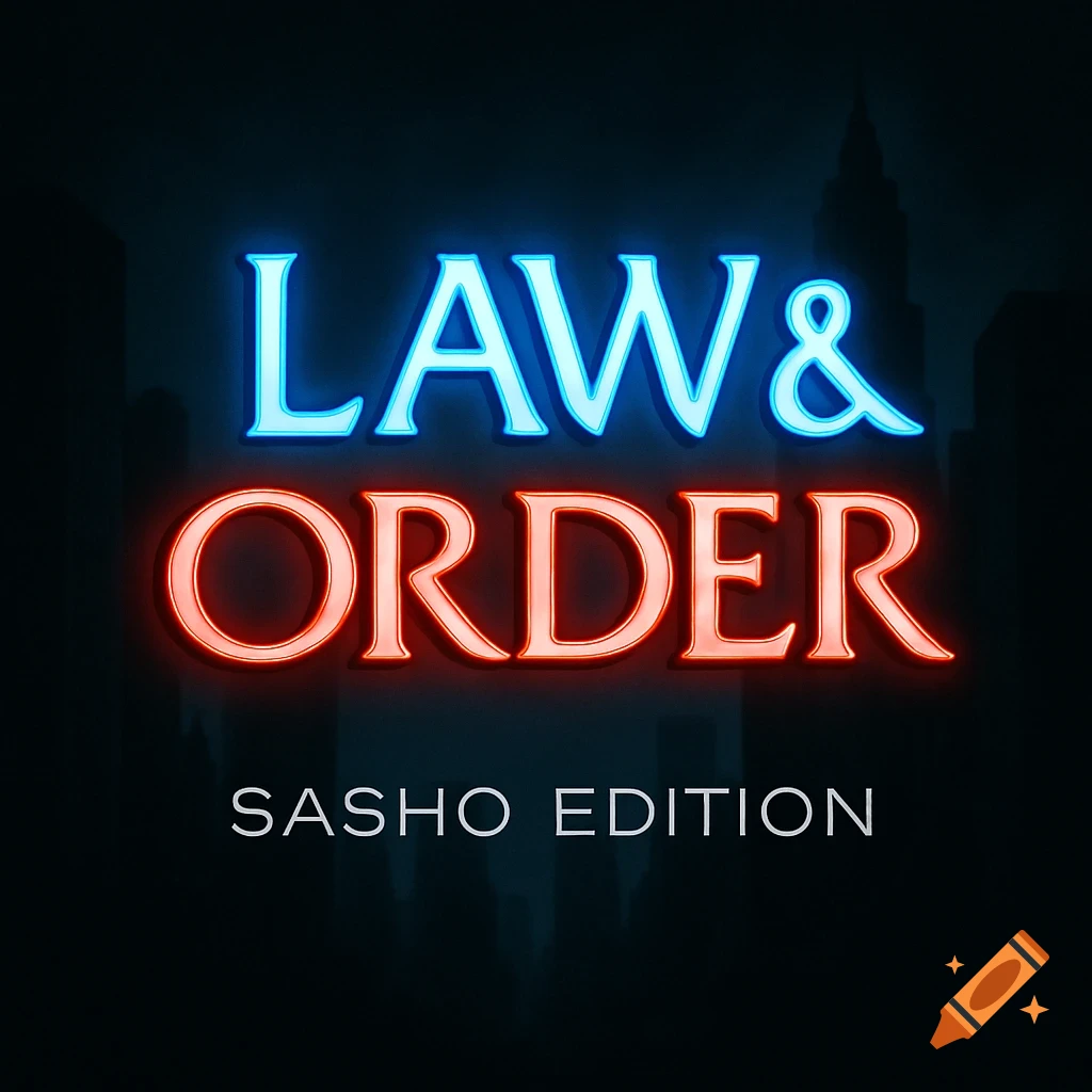 Blue and red neon 'LAW & ORDER' sign with 'SASHO EDITION' below, against a dark city silhouette background.