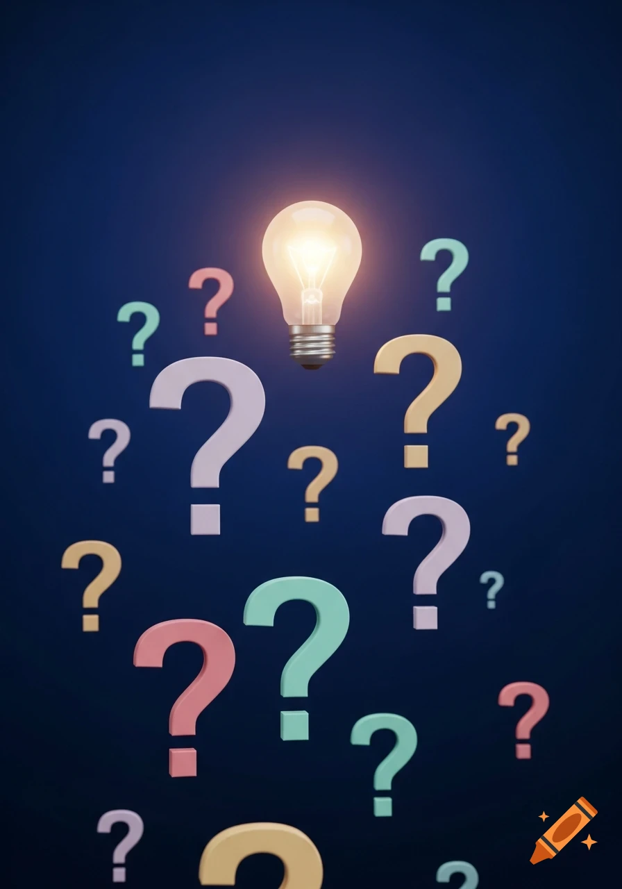 A glowing light bulb floats above many colorful question marks on a dark blue background in a modern 3D style.