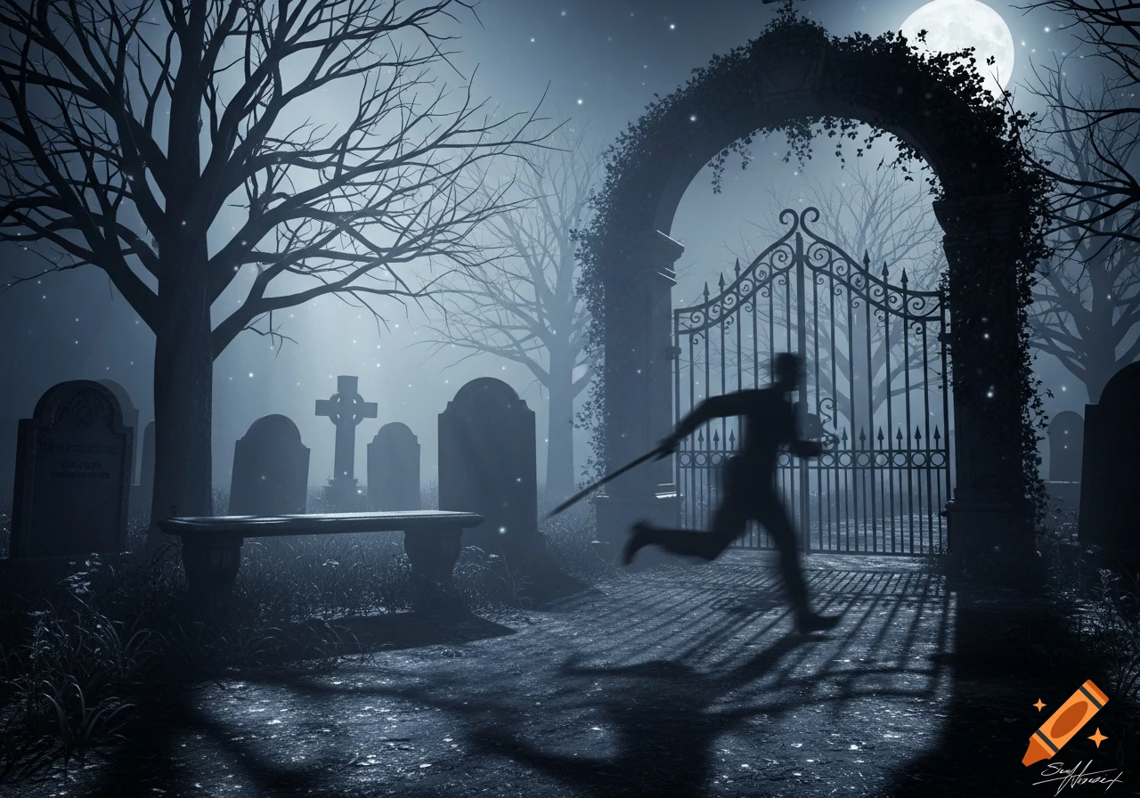 A dark and misty graveyard at night, illuminated by a full moon. A silhouette of a person runs through an ornate gate with gravestones and bare trees visible.
