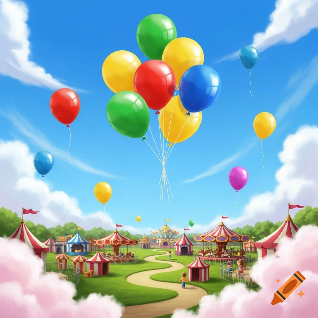 Colorful balloons float above a whimsical carnival with tents, carousels, and children under a blue sky, surrounded by pink clouds.