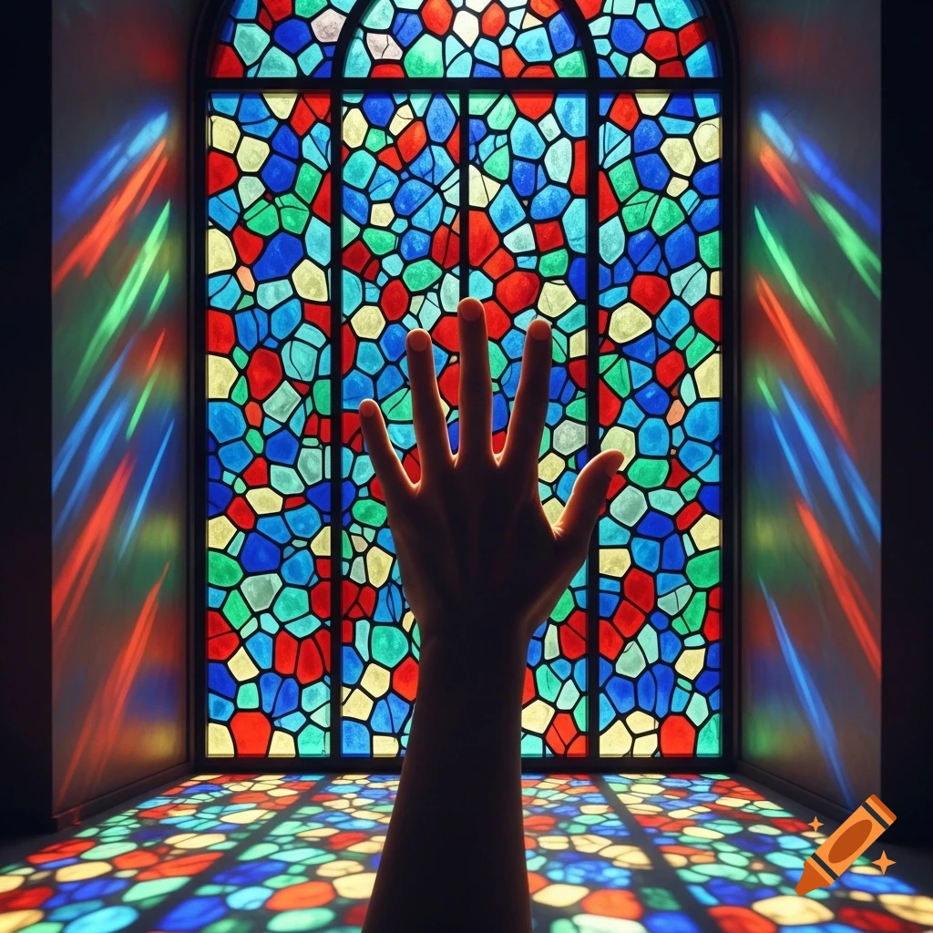 A hand silhouetted against a colorful stained glass window, casting vibrant light patterns on the floor.