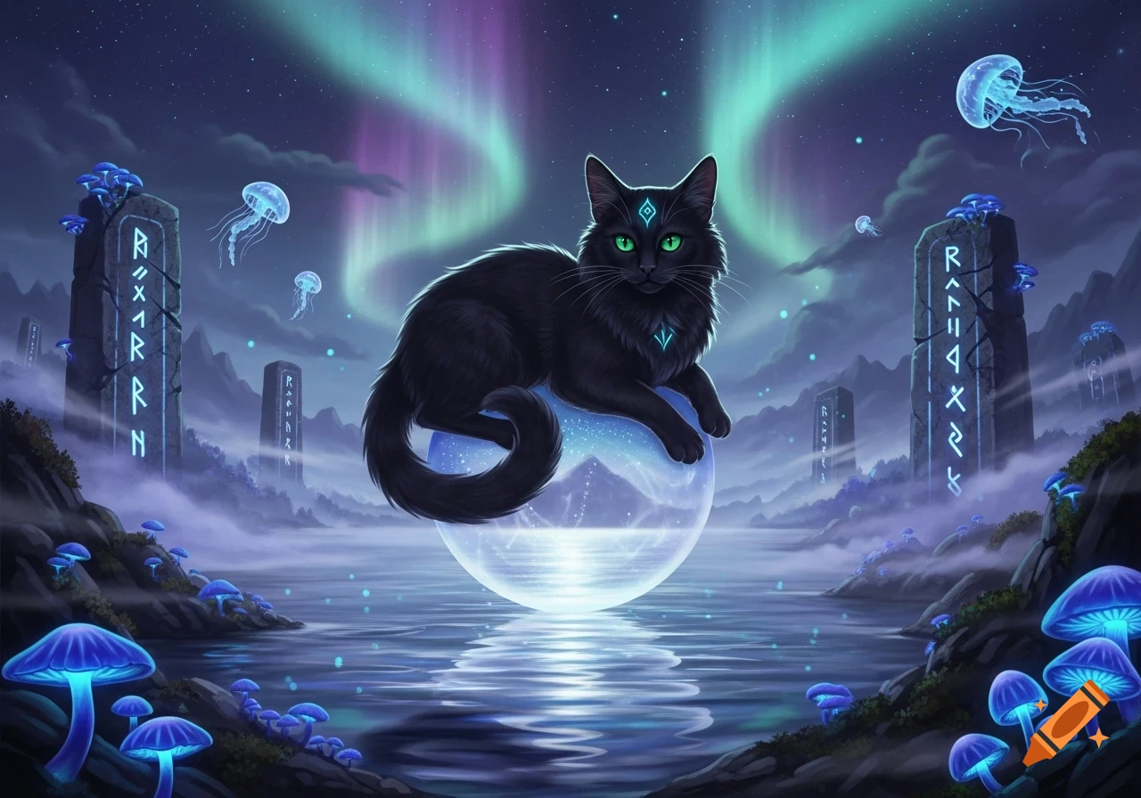 A mystical black cat with glowing green eyes rests on a luminous orb in ...
