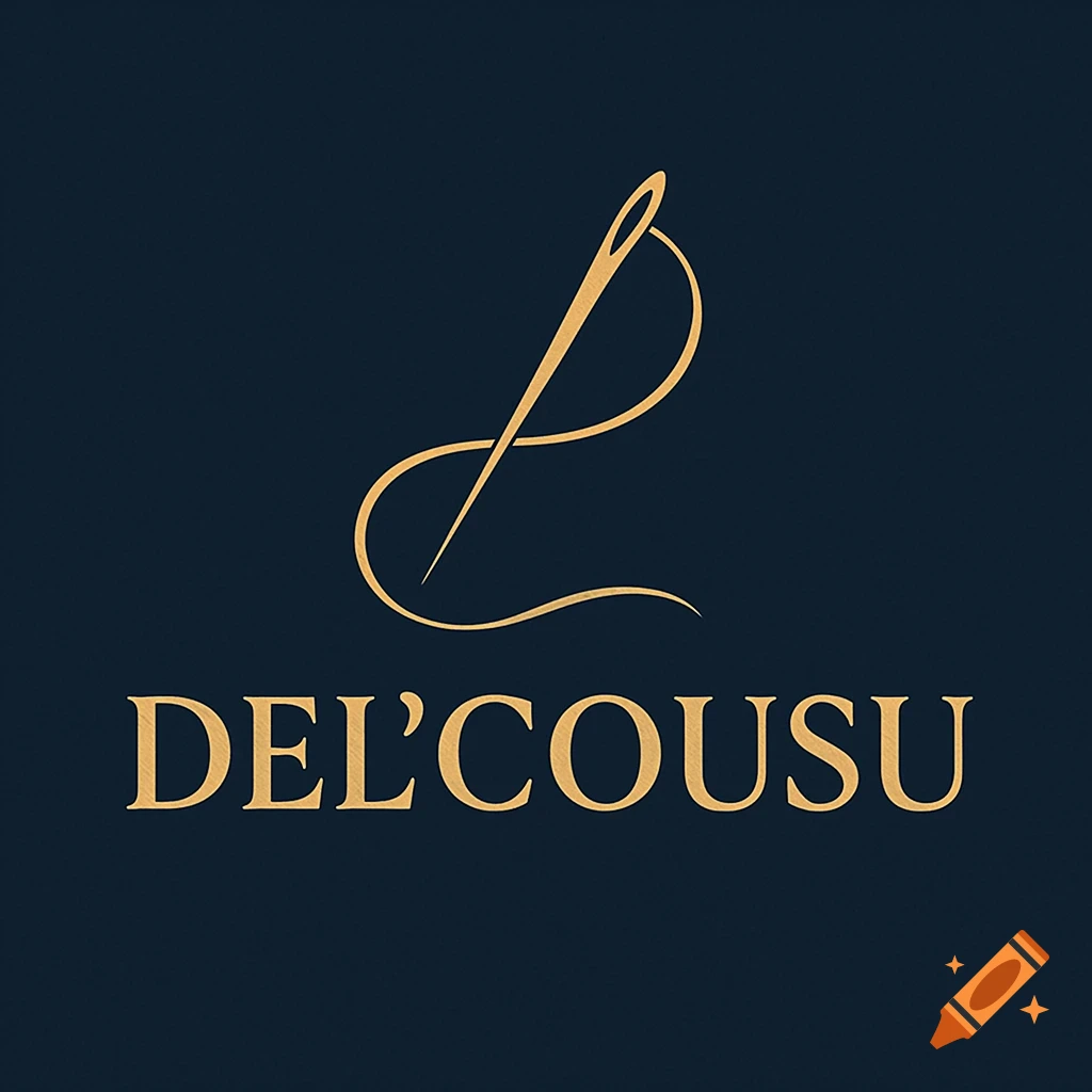 Golden needle and thread forming a stylized 'L' above the text 'DEL'COUSU' on a dark blue background.