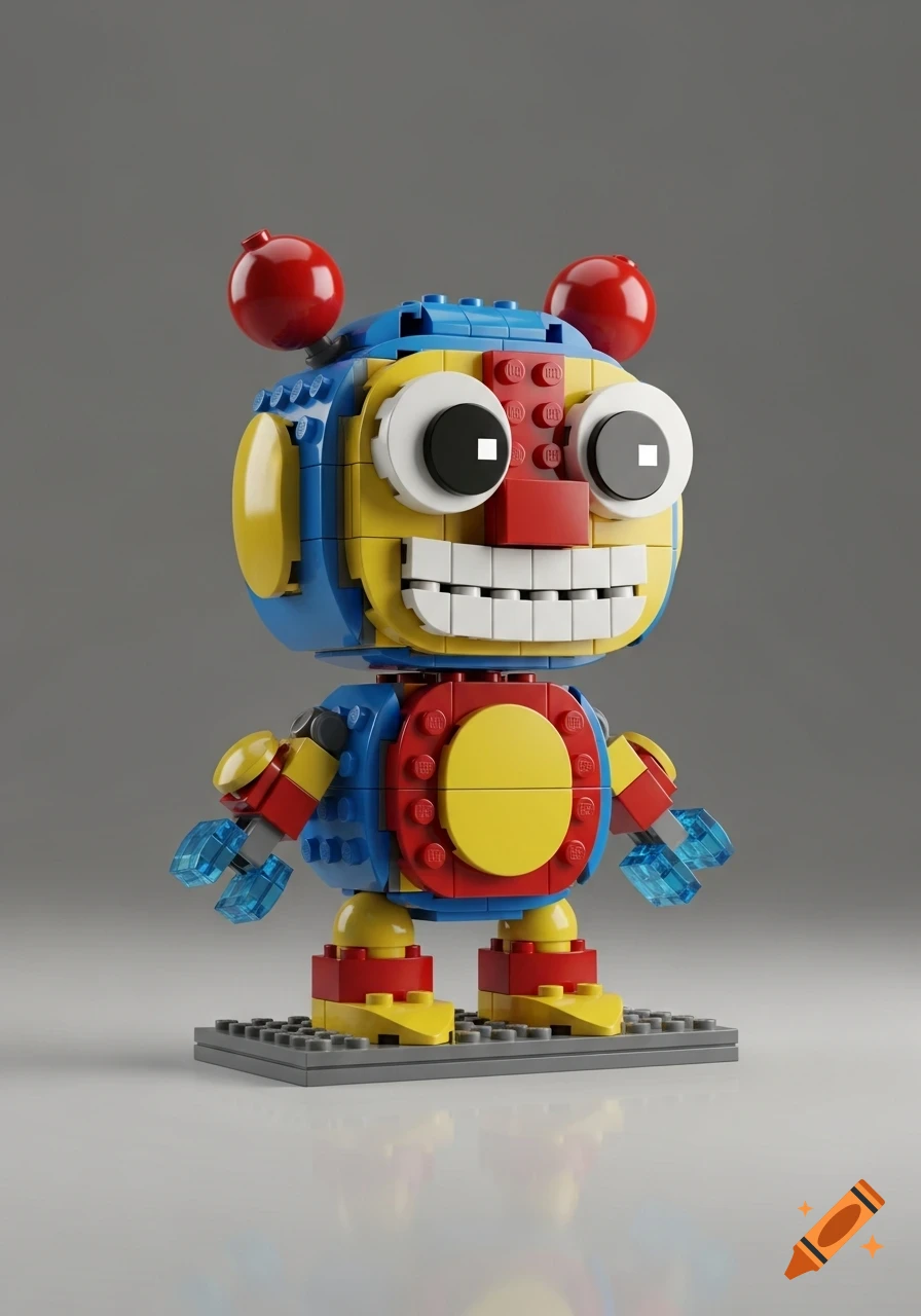 A colorful Lego-style robot toy, primarily blue, yellow, and red, with a red nose, large white teeth, and clear blue claw hands, standing on a gray base against a plain gray background.