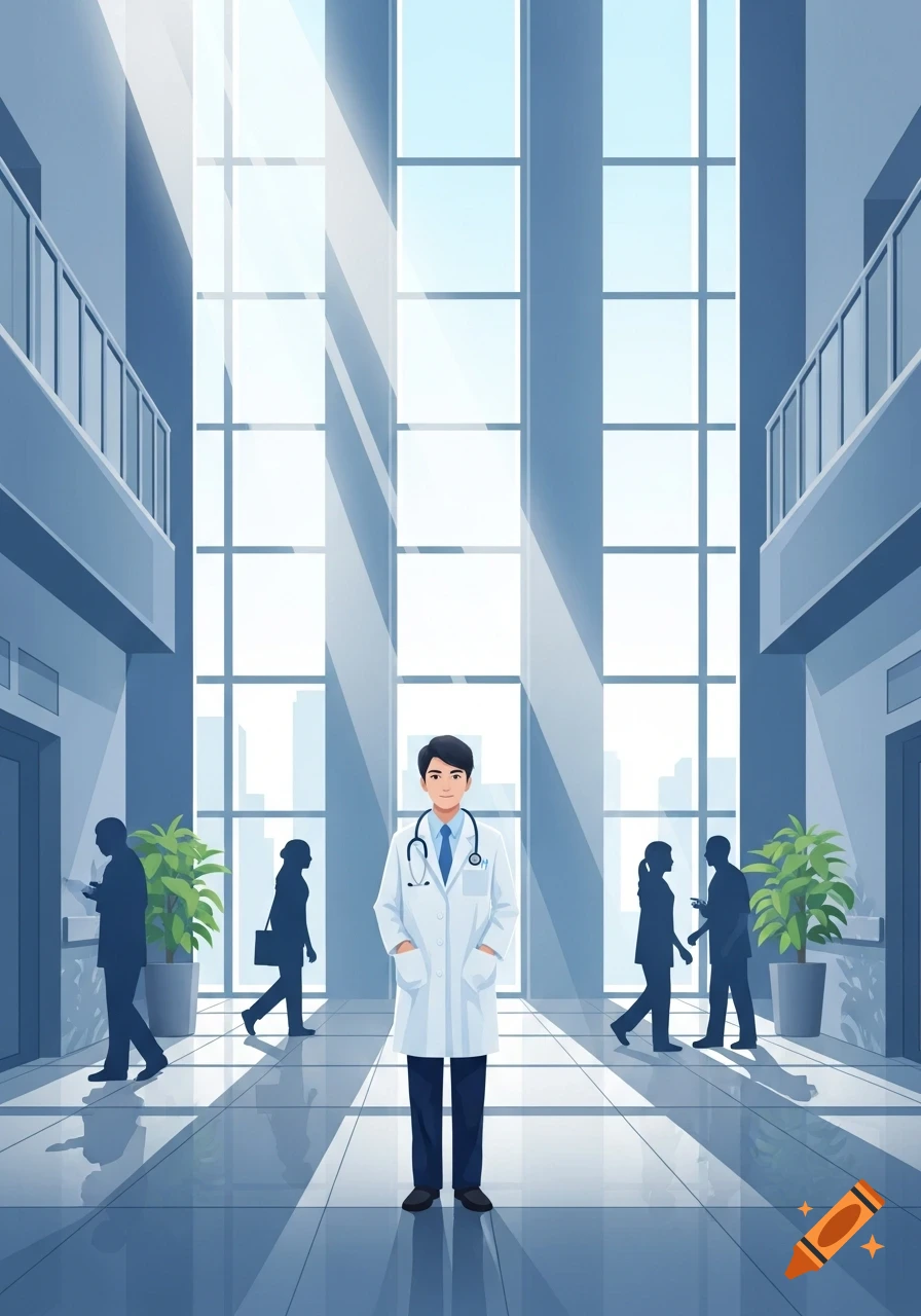 An illustration of a male doctor in a white coat standing in a bright, modern hospital lobby with large windows and silhouettes of people.