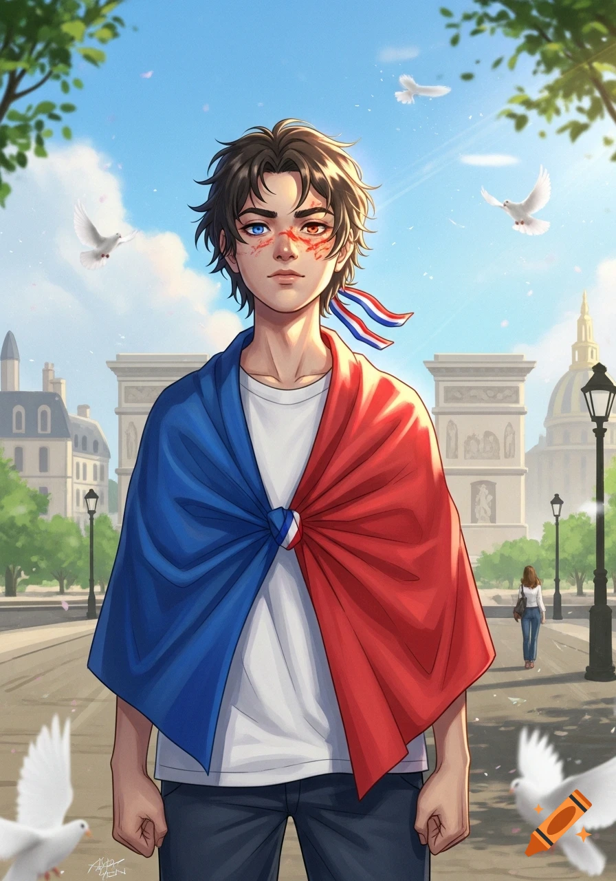 Anime illustration of a young person draped in a French flag, standing in a sunny Parisian street with the Arc de Triomphe and doves.