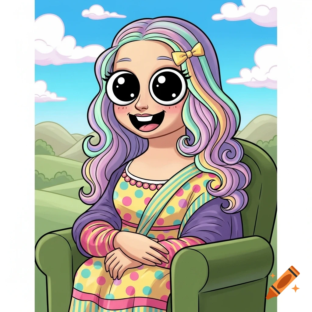 A cute cartoon Mona Lisa with large eyes, rainbow hair, and a yellow polka-dot dress, smiling in a green chair.