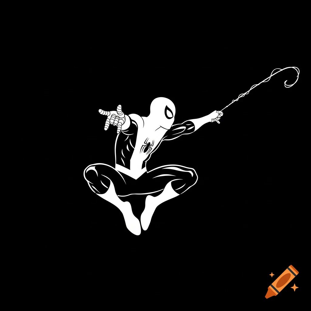 White silhouette of Spider-Man swinging and shooting a web on a solid black background, in a simple clip art style.