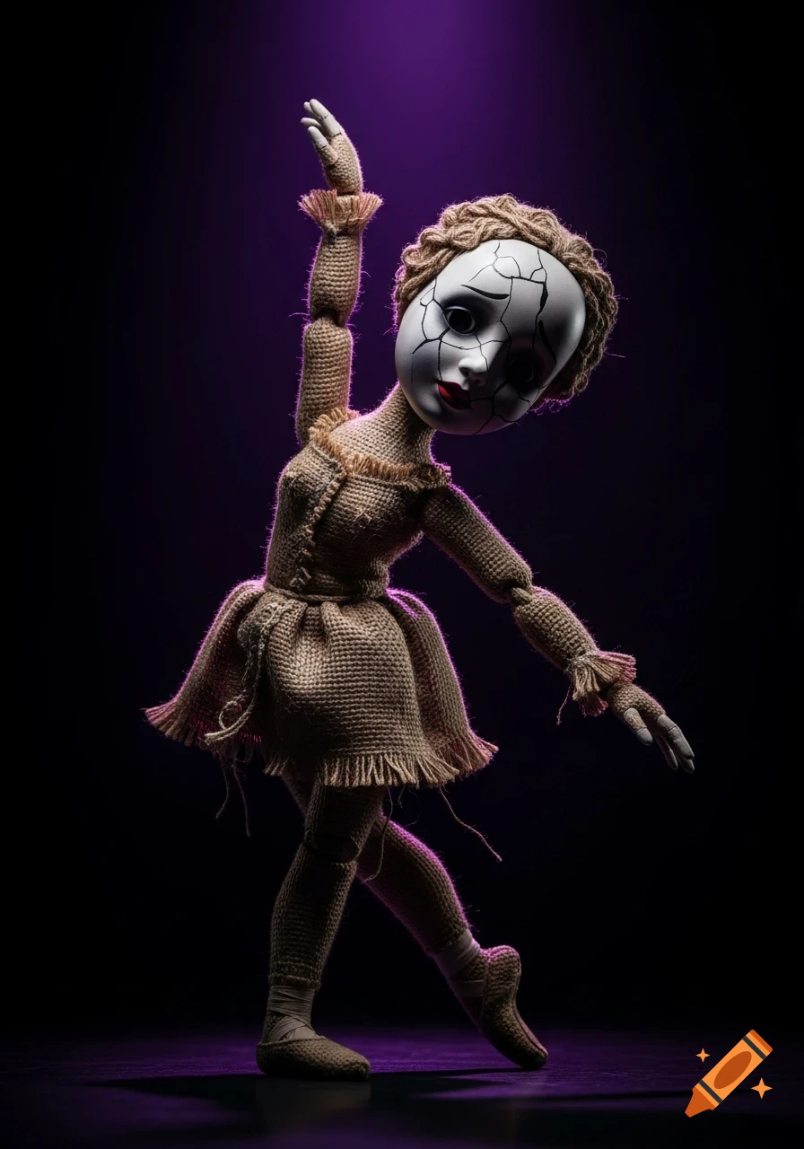 A creepy, cracked porcelain face burlap doll puppet in a dramatic ballet pose, lit by a violet spotlight against a dark background.