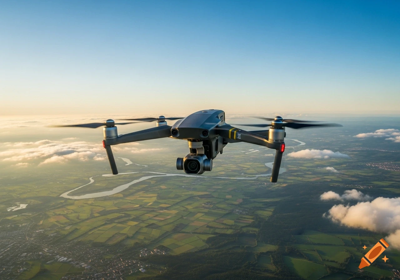 A photorealistic drone flies above a lush green landscape with a winding river under a clear blue sky.
