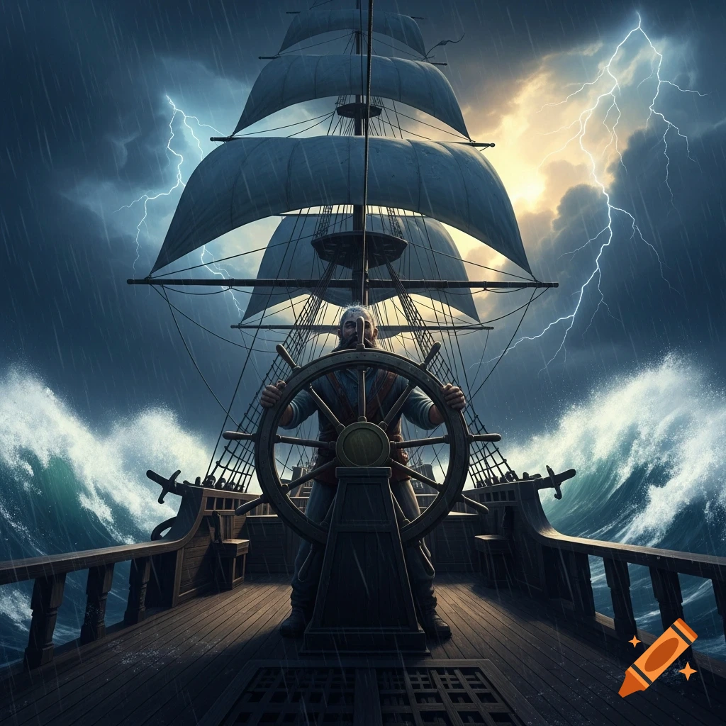 A man steers a large sailing ship through a stormy sea with lightning in the dark sky.