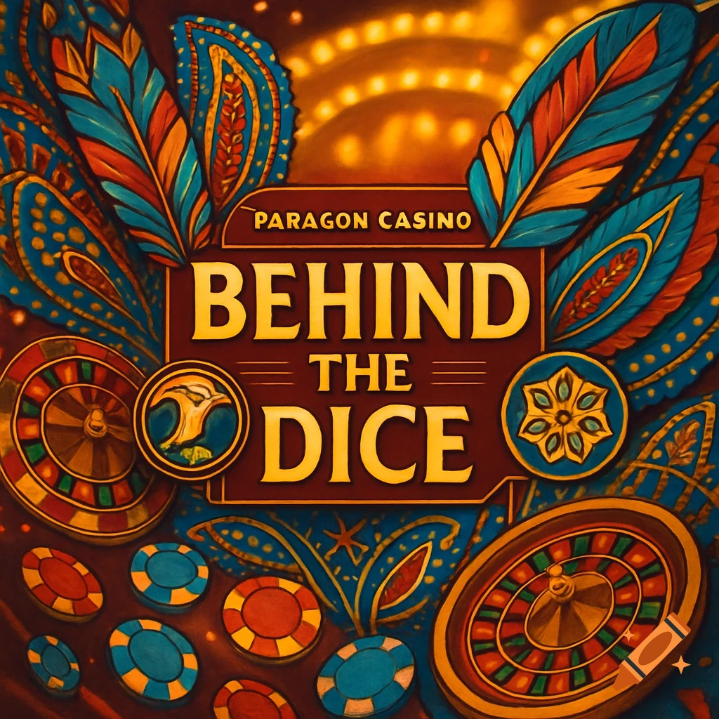 Colorful graphic design for 'Paragon Casino Behind The Dice' with tribal-style feathers, roulette wheels, and poker chips.