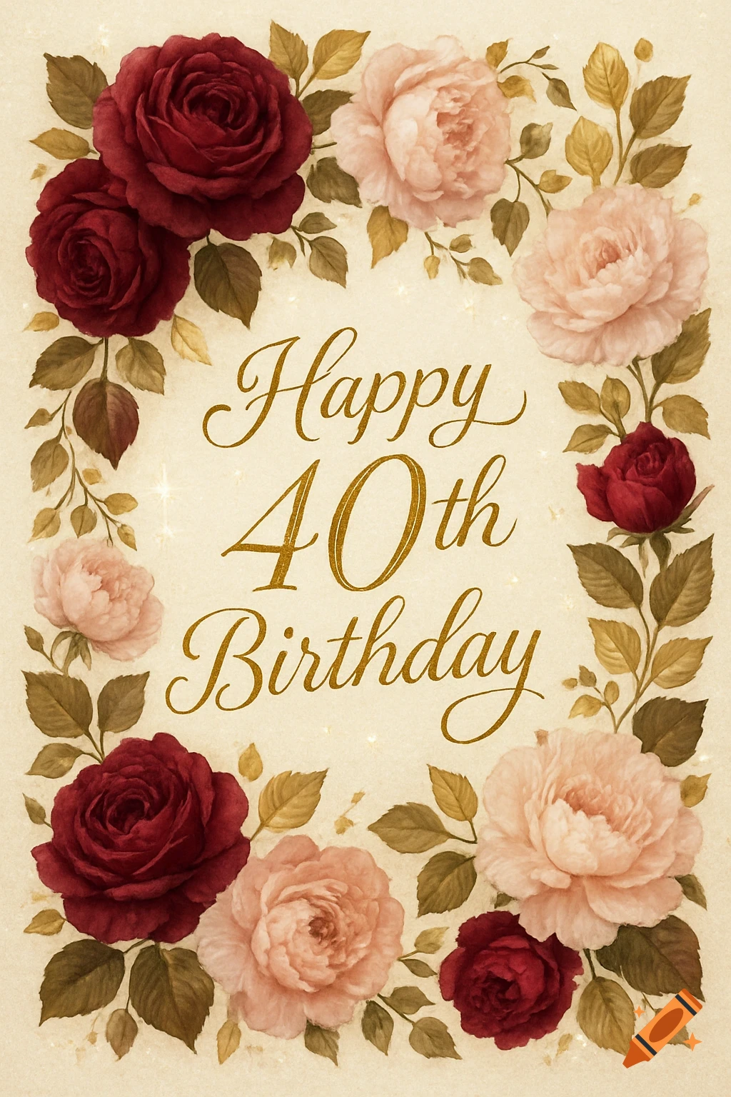 A vintage-style birthday card with a frame of red and pink roses and leaves, surrounding the text "Happy 40th Birthday" in gold script.