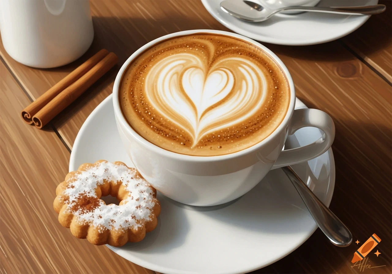 A close-up shot of a white cup of latte with heart-shaped art, a powdered sugar cookie, and cinnamon sticks on a wooden table.