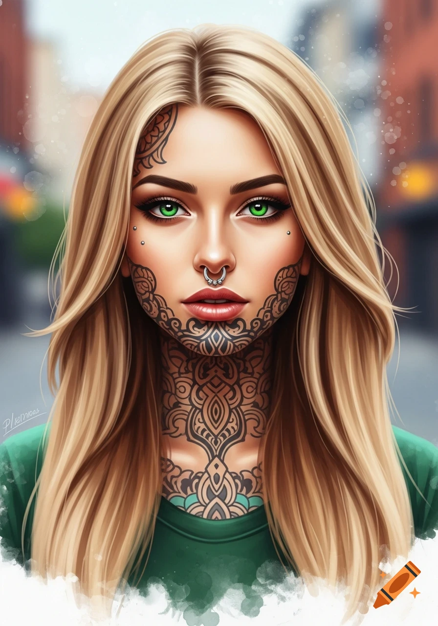 A blonde woman with bright green eyes, a silver septum piercing, and intricate black tribal tattoos on her face and neck, wearing a green top.