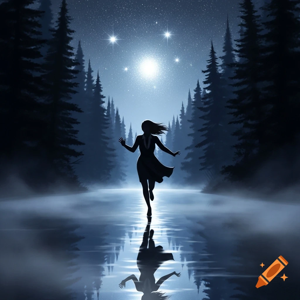 A silhouetted woman runs across a misty, reflective surface in a dark forest under a starry night sky with a bright moon.