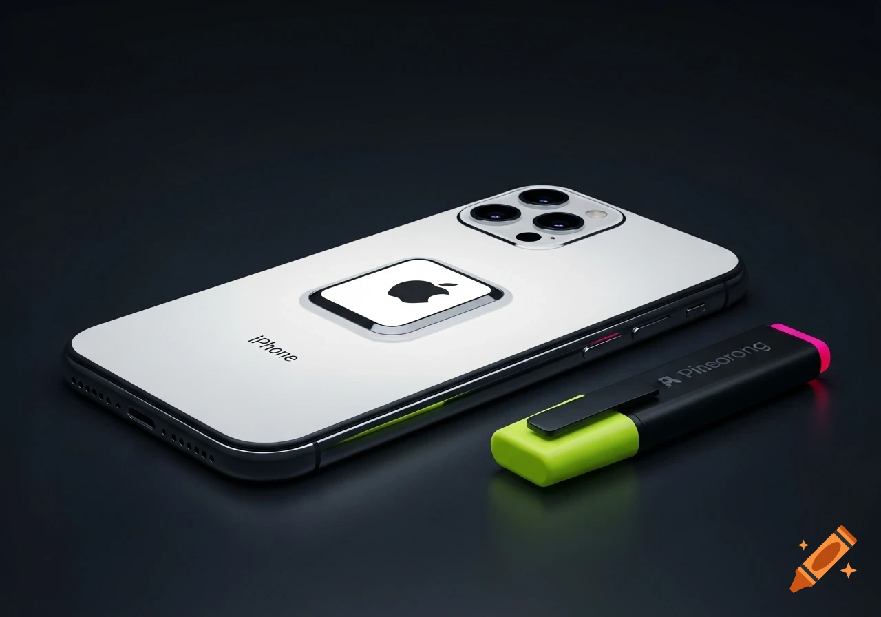 A white iPhone with an Apple logo on a dark surface, next to a black and neon green highlighter. Photorealistic style.